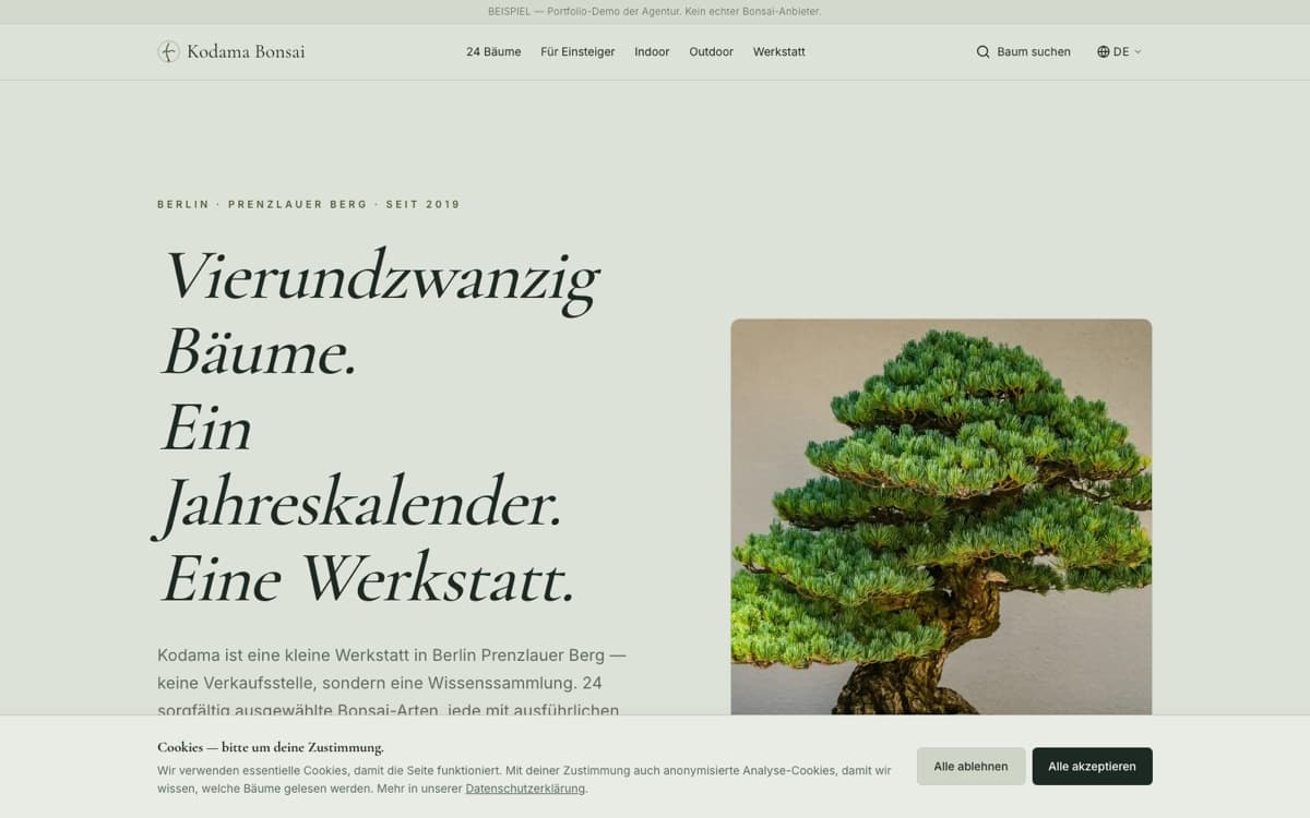 Kodama Bonsai, the strongest client demo from the agency system, live in four locales