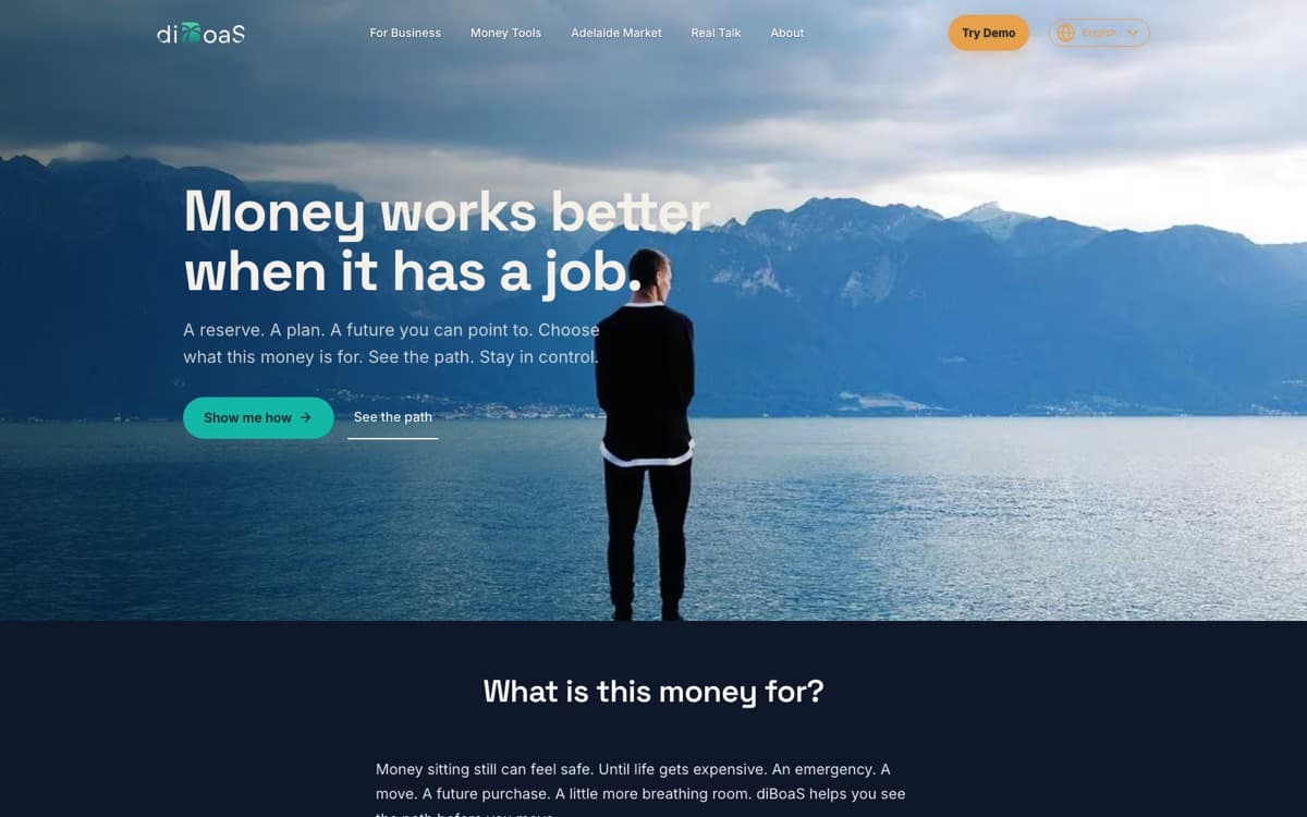 diboas.com homepage — 'Money works better when it has a job'