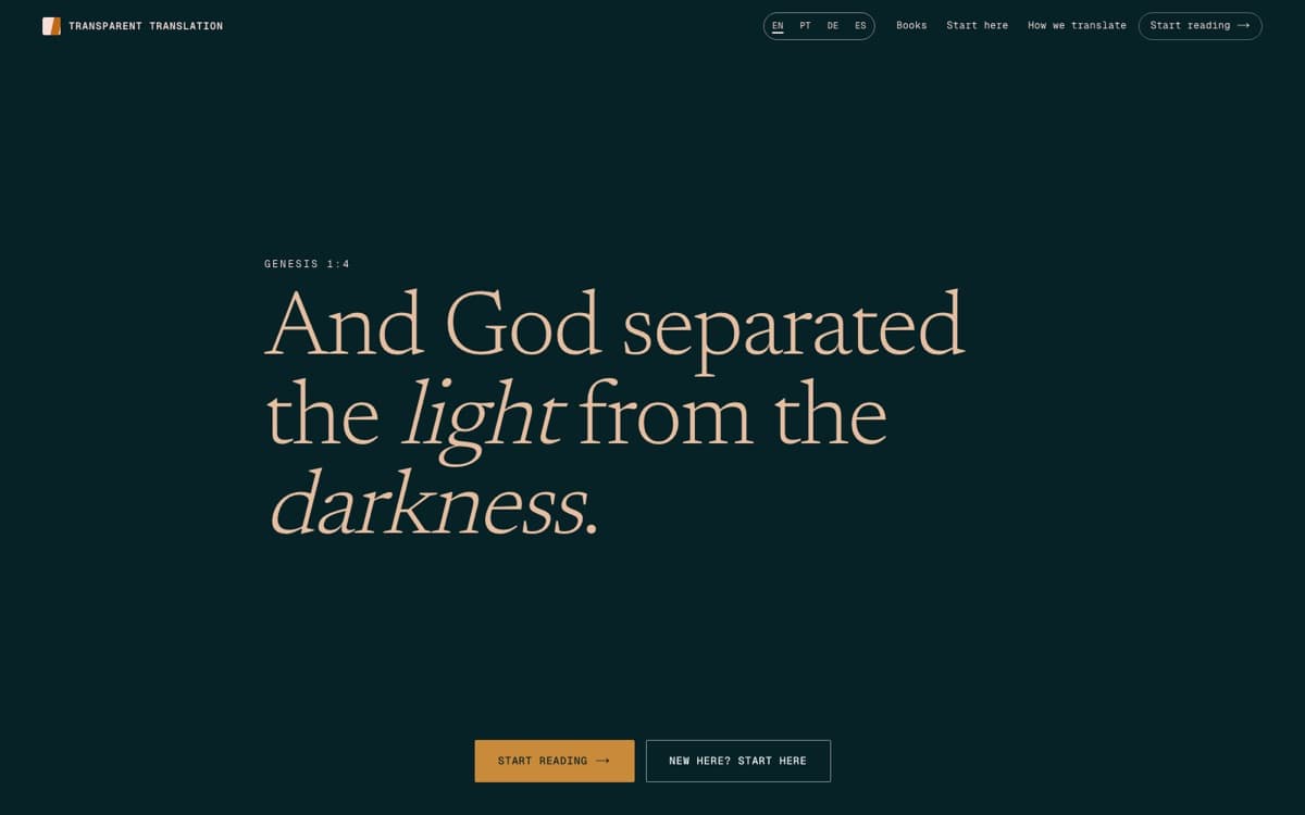 The Transparent Translation. Genesis 1:4 hero in the live reading platform